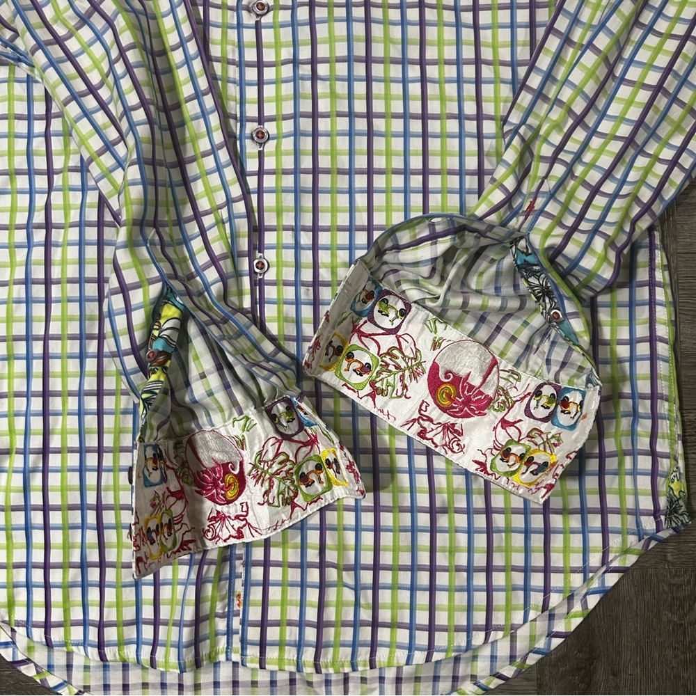 Mens Robert Graham Purple/Green/Blue Plaid Long Sleeve Dress Shirt Size Small - Picture 7 of 11